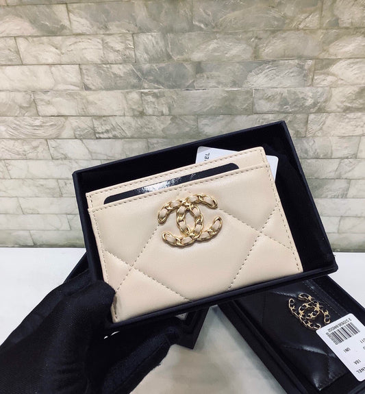 cc CO-CO 19 Card Holder Wallet 11cm/4.3in Gold Toned Hardware For Women Beige