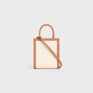 MINI VERTICAL CABAS CE IN TEXTILE WITH CE PRINT AND CALFSKIN NATURAL / TAN