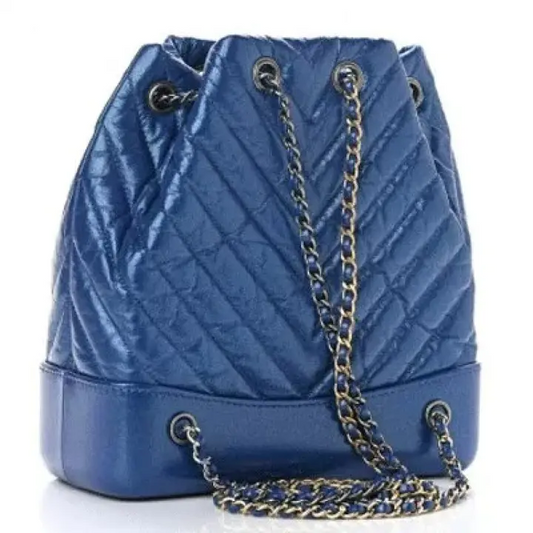 CC Iridescent Aged Calfskin Chevron Quilted Small Gabrielle Backpack Blue