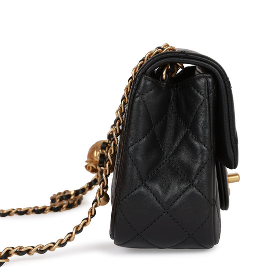CC Pearl Crush Mini Square Flap Bag Black Lambskin Antique Gold Hardware