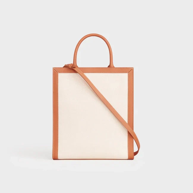 SMALL VERTICAL CABAS CE IN CANVAS WITH CE PRINT AND CALFSKIN NATURAL / TAN