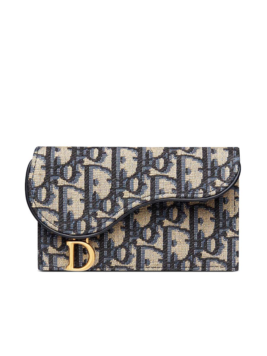 D Saddle Flap Compact Zipped Card Holder in Blue D Oblique Jacquard
