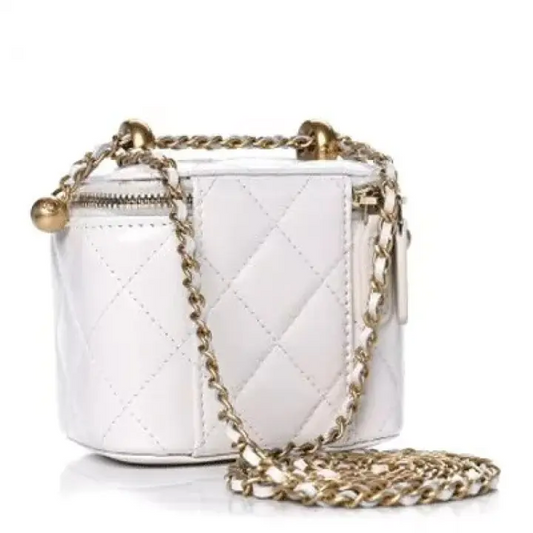 CC Calfskin Quilted Mini Perfect Fit Vanity Case With Chain White