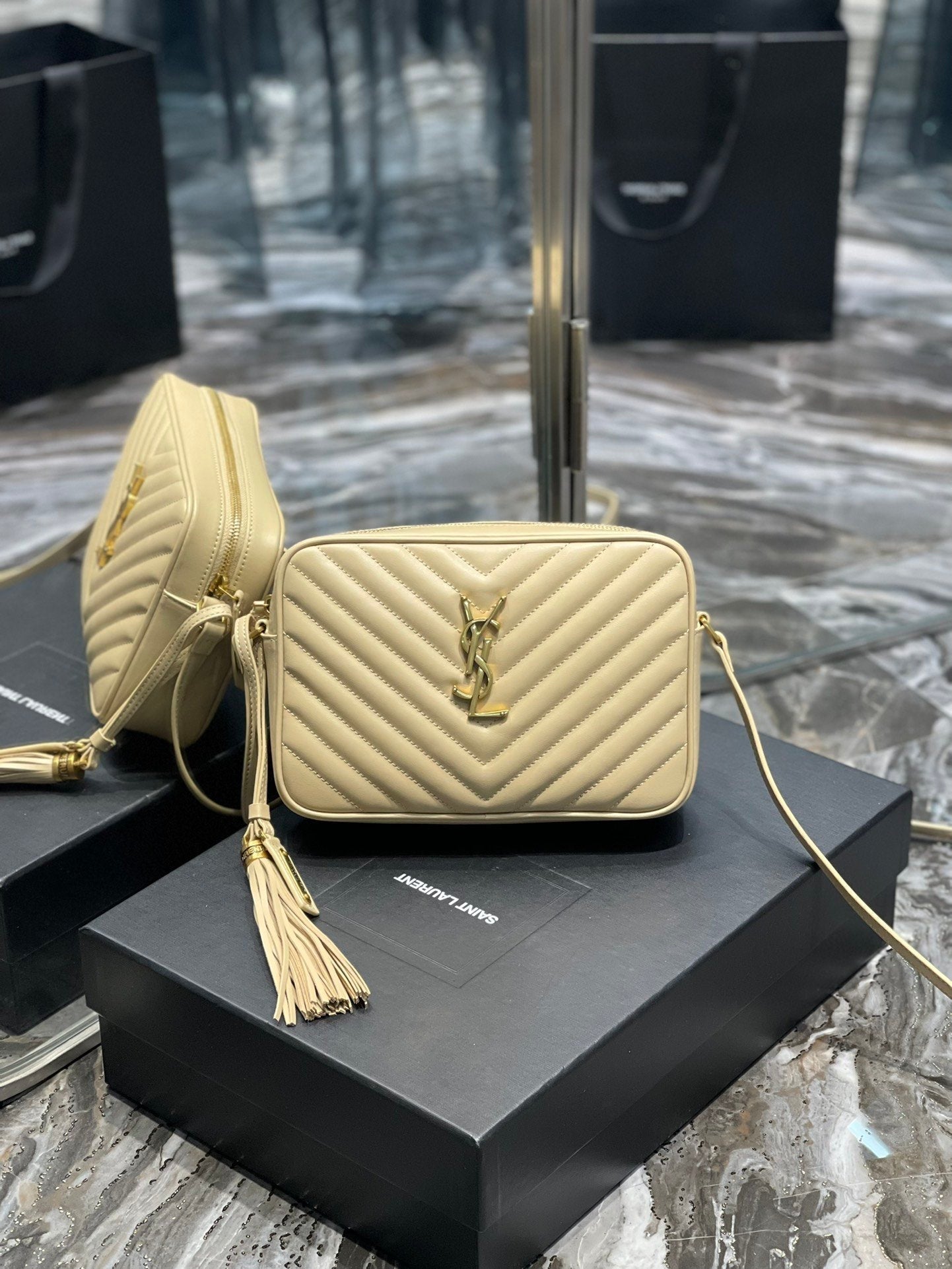 Y Lou Camera Bag Beige With Gold Toned Hardware