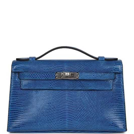 H Kelly Pochette Bleu Saphir Lizard Palladium Hardware