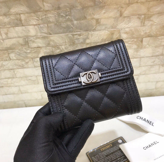 cc CO-CO Boy Flap Card Holder 11cm/4.3in Silver Hardware For Women Black
