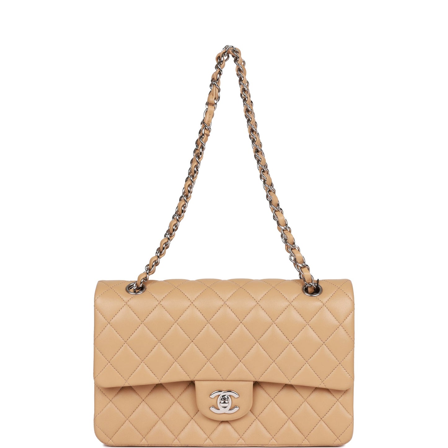CC Medium Classic Double Flap Bag Beige Lambskin Silver Hardware