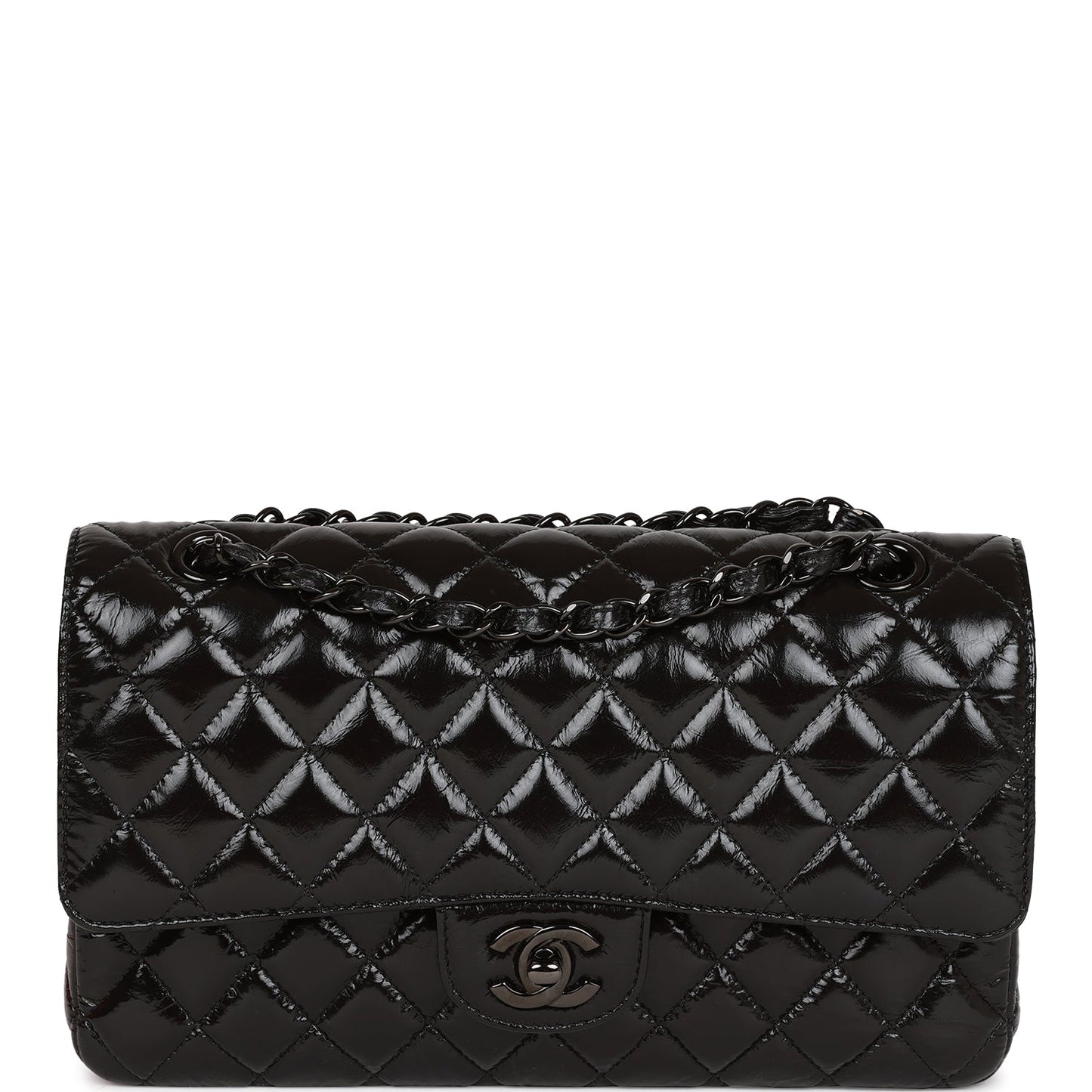 CC Medium Classic Double Flap Bag SO Black Crumpled Calfskin Black Hardware