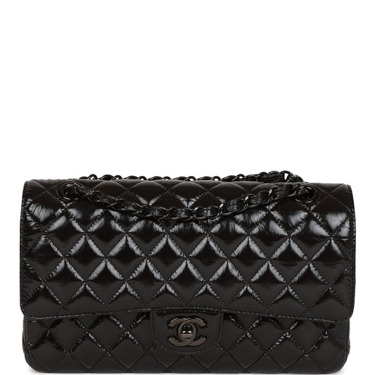 CC Medium Classic Double Flap Bag SO Black Crumpled Calfskin Black Hardware