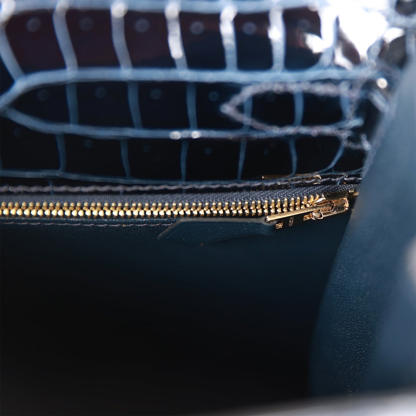 H Kelly Sellier 28 Bleu Baltique Shiny Porosus Crocodile Gold Hardware