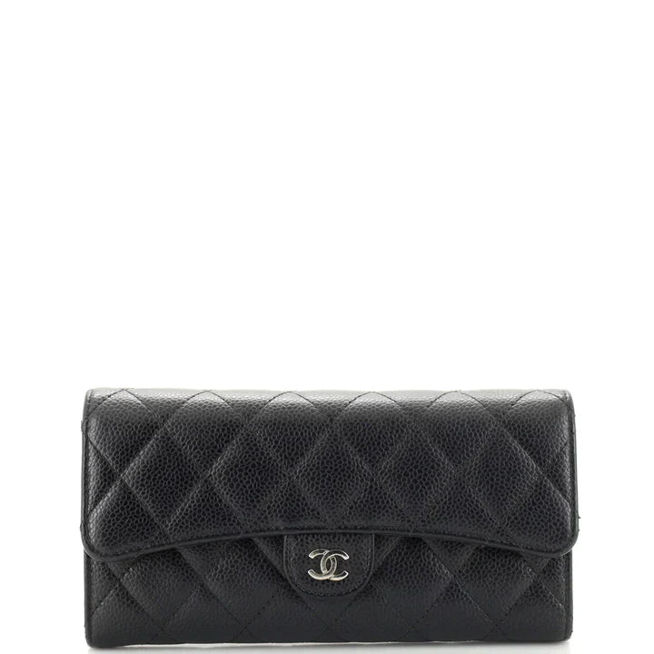 CC Gusset Classic Flap Wallet Quilted Caviar Long
