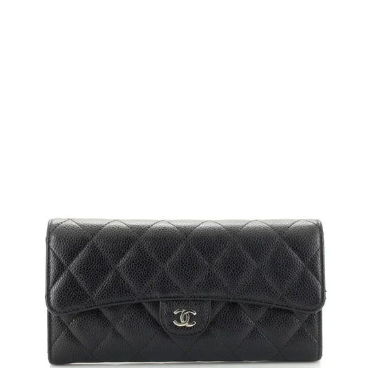 CC Gusset Classic Flap Wallet Quilted Caviar Long