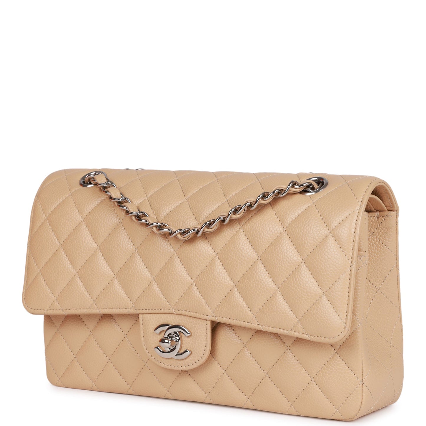 CC Medium Classic Double Flap Bag Beige Caviar Silver Hardware