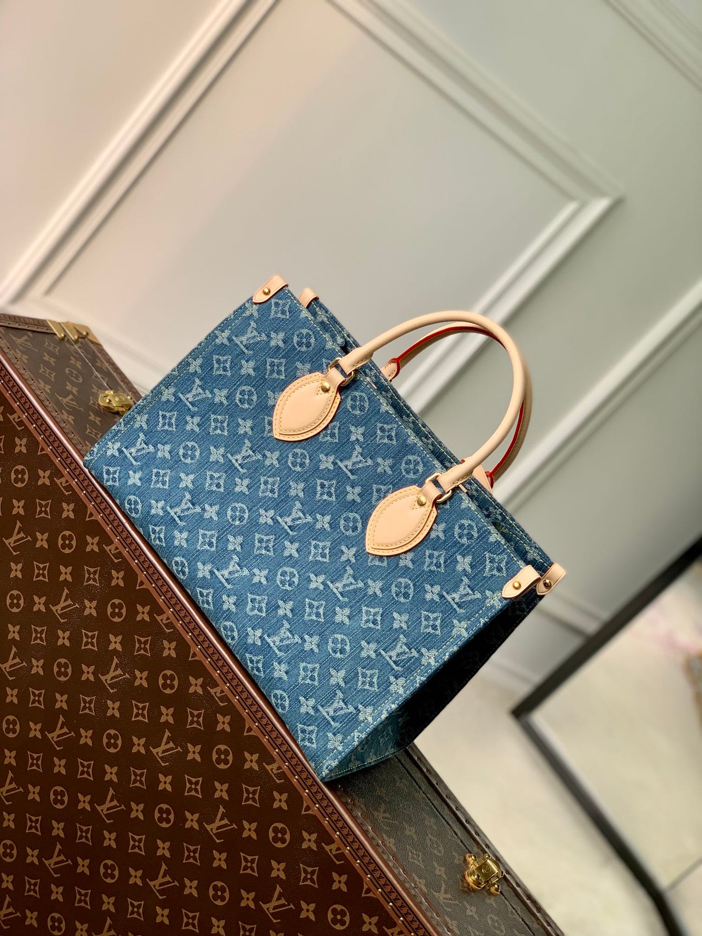 Louis Vuitton M46871 Onthego MM Denim blau Jeans Bag 35x27x14cm