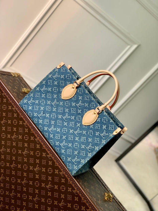 Louis Vuitton M46871 Onthego MM Denim blau Jeans Bag 35x27x14cm