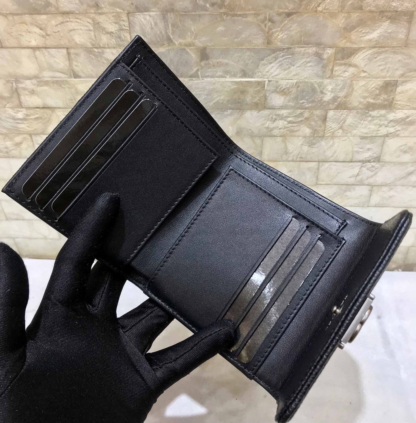 cc CO-CO Flap Card Holder Wallet 11.5cm/7.4in Silver Hardware For Women Black