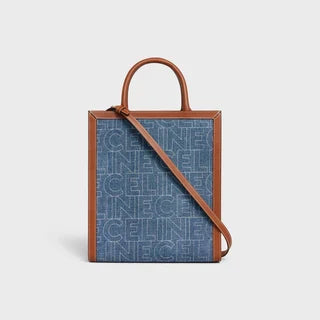 SMALL VERTICAL CABAS CE IN DENIM WITH CE ALL-OVER PRINT NAVY / TAN