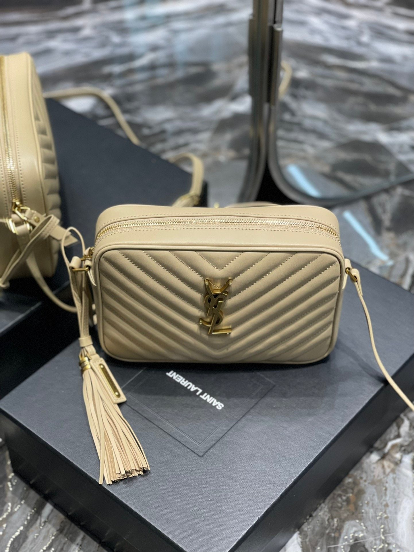 Y Lou Camera Bag Beige With Gold Toned Hardware