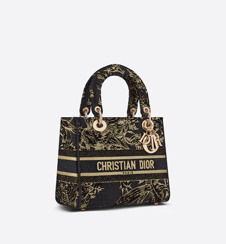 MEDIUM LADY D-LITE BAG Black Multicolor D Jardin d'Hiver Embroidered Cotton with Veet and Metallic Thread