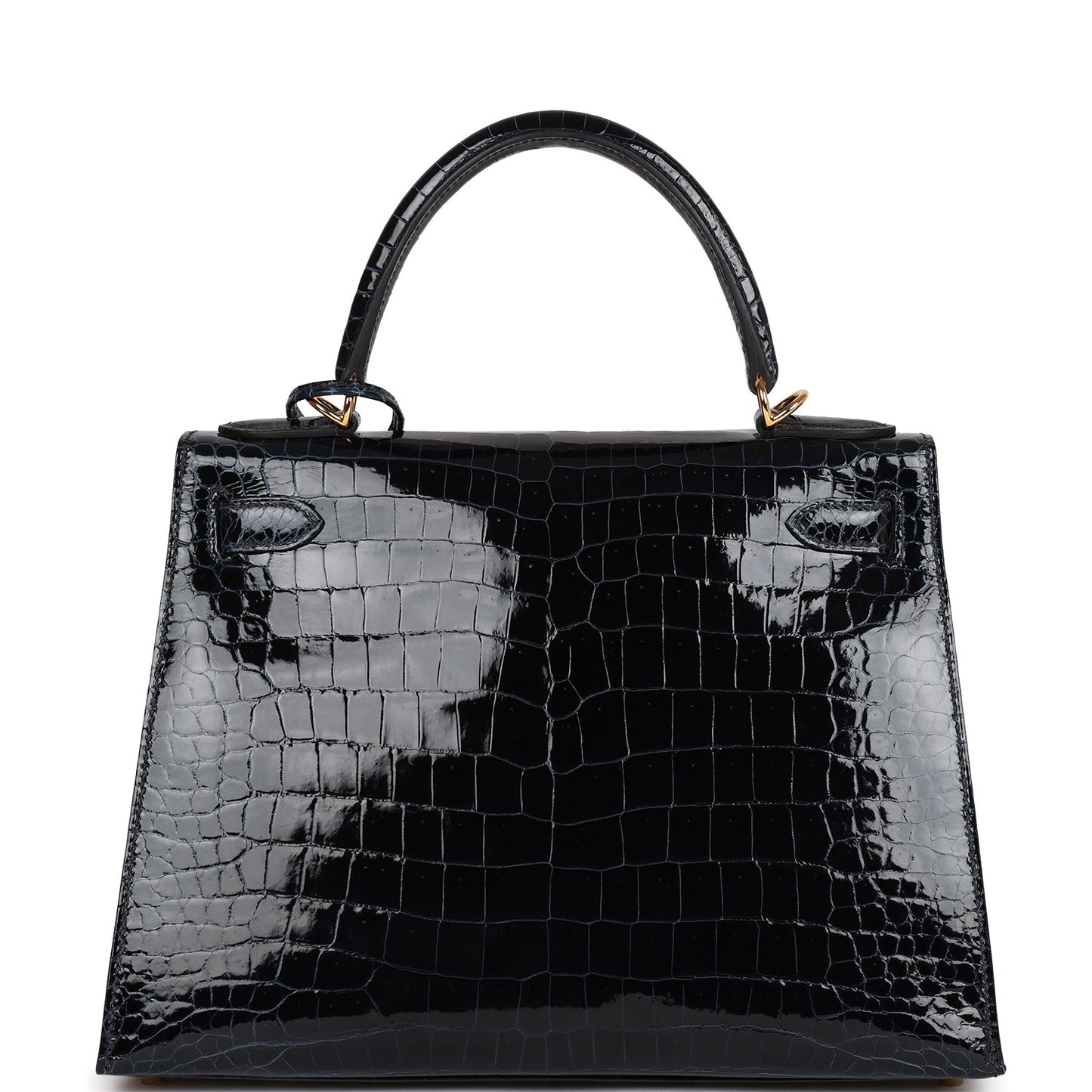 H Kelly Sellier 28 Bleu Baltique Shiny Porosus Crocodile Gold Hardware
