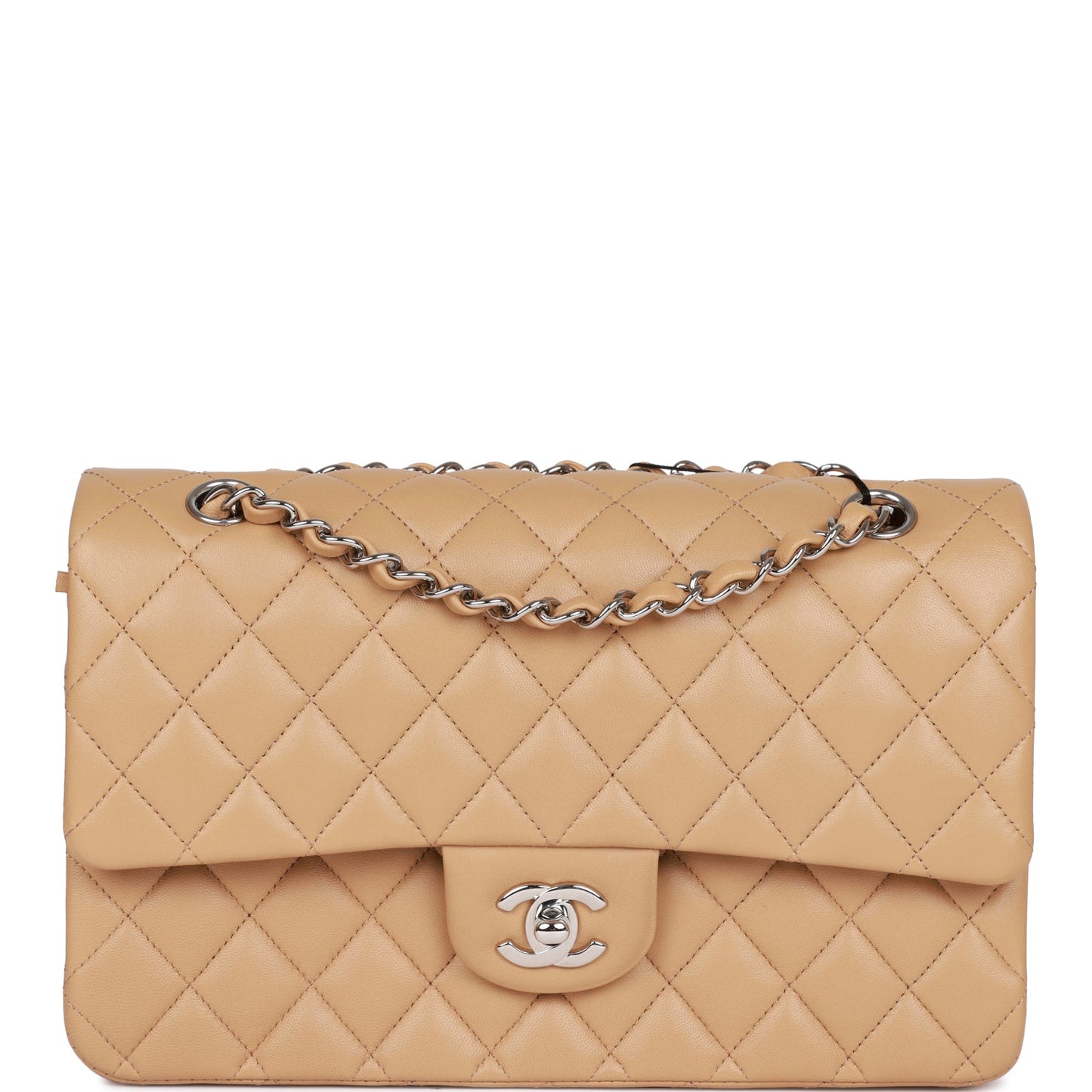 CC Medium Classic Double Flap Bag Beige Lambskin Silver Hardware