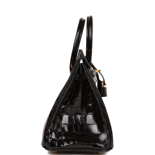 H Birkin 25 Black Shiny Niloticus Crocodile Gold Hardware