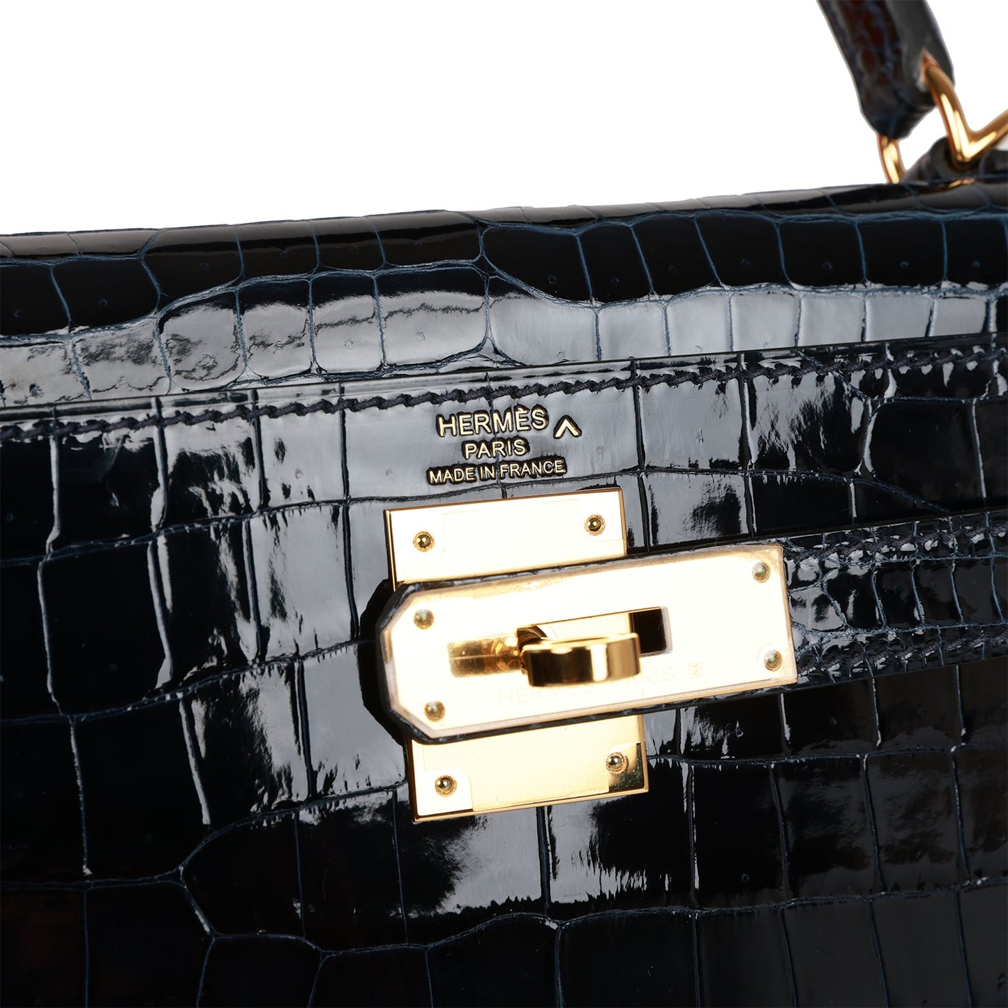 H Kelly Sellier 28 Bleu Baltique Shiny Porosus Crocodile Gold Hardware