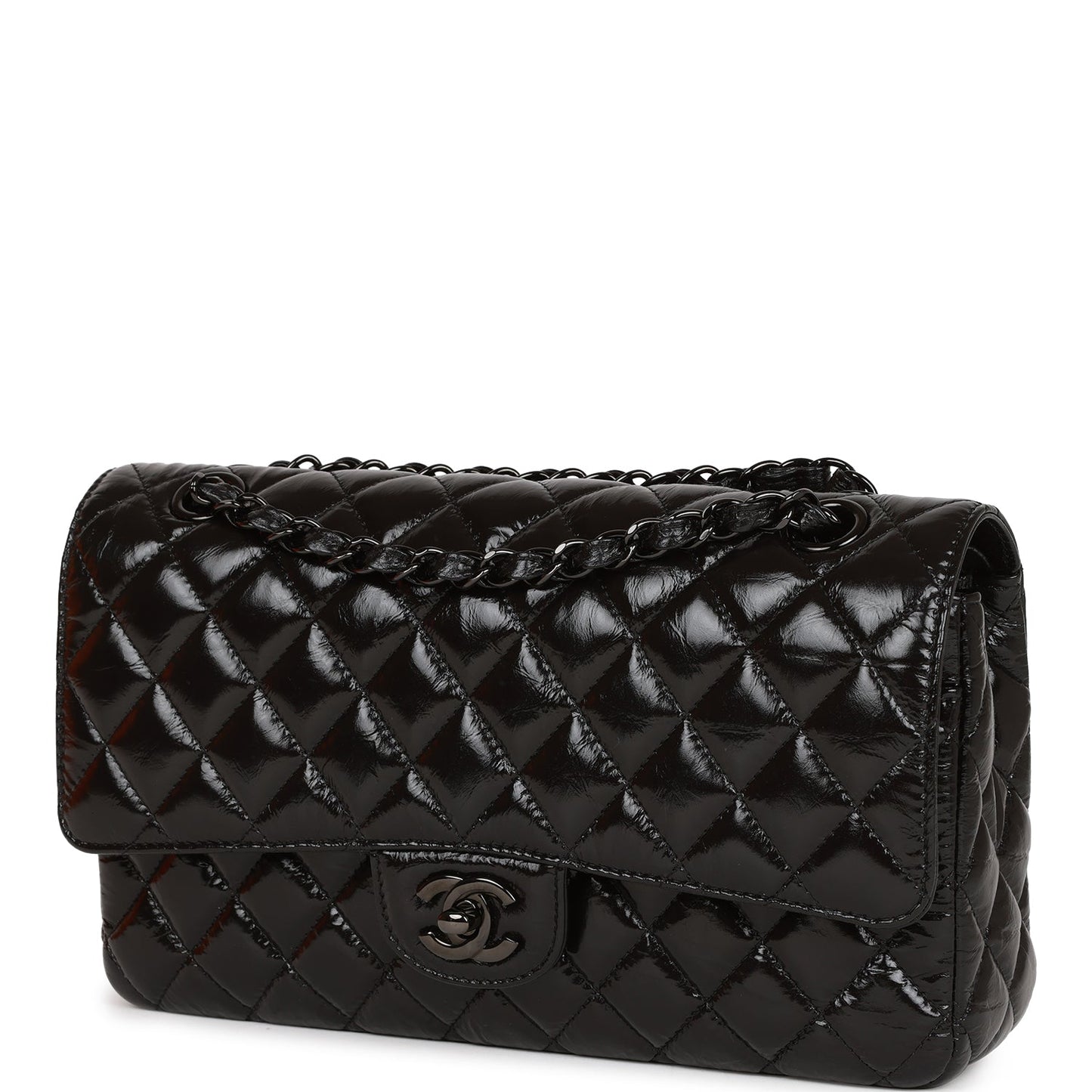 CC Medium Classic Double Flap Bag SO Black Crumpled Calfskin Black Hardware