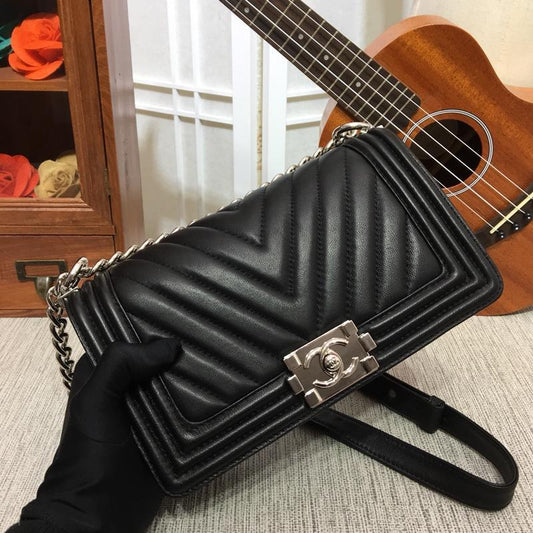 CC 25cm Boy Handbag Calfskin Silver Tone Metal Black