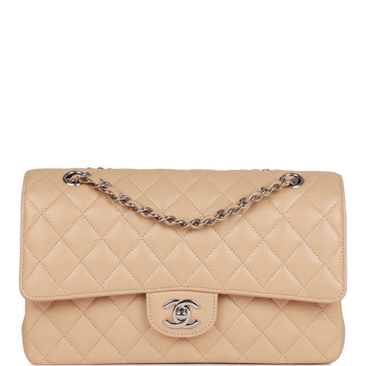 CC Medium Classic Double Flap Bag Beige Caviar Silver Hardware
