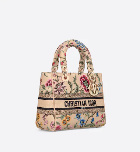 MEDIUM LADY D-LITE BAG Natural Multicolor Raffia Embroidered with D Petites Fleurs