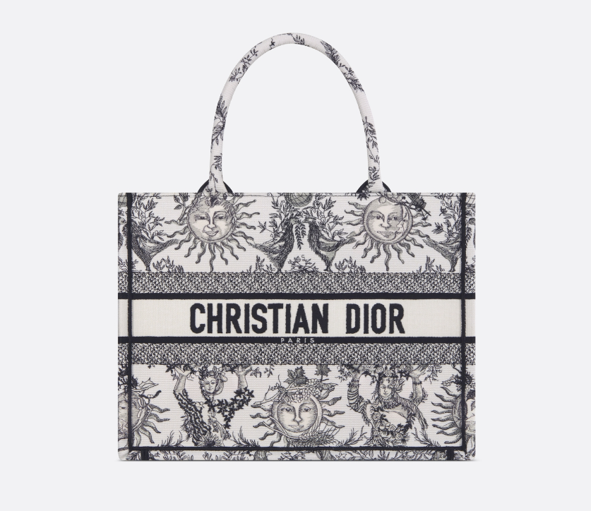 D Book Tote  White and Black Toile de Jouy Soleil Embroidery