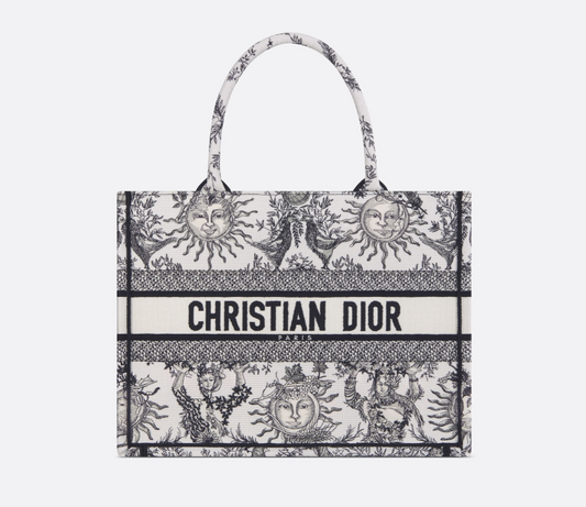 D Book Tote  White and Black Toile de Jouy Soleil Embroidery