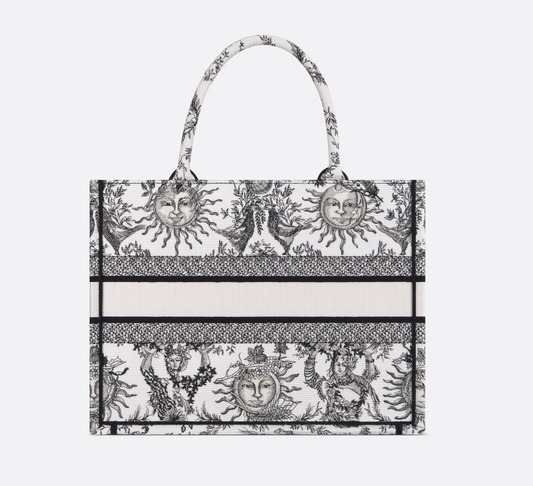 D Book Tote  White and Black Toile de Jouy Soleil Embroidery