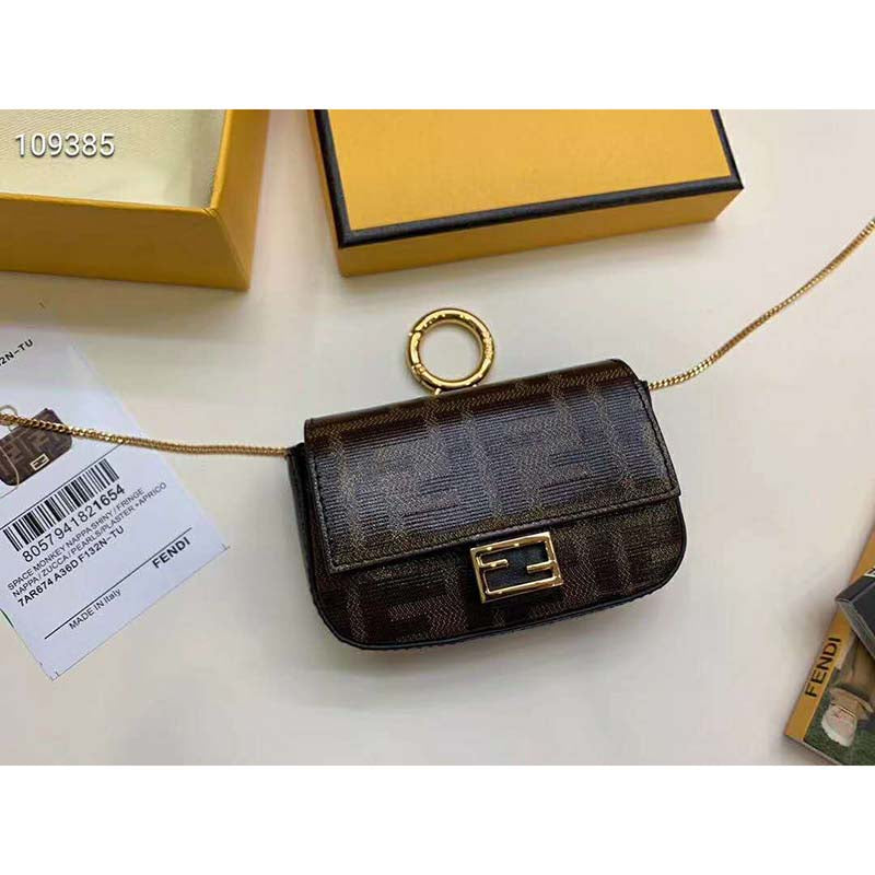 Fd Women Nano Baguette Charm Brown Fabric Charm Jacquard FF